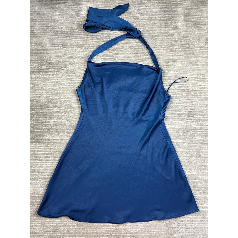 Altar'd State Dress Womens XL Blue Cowl Neck Halter Satin Mini A-Line Solid